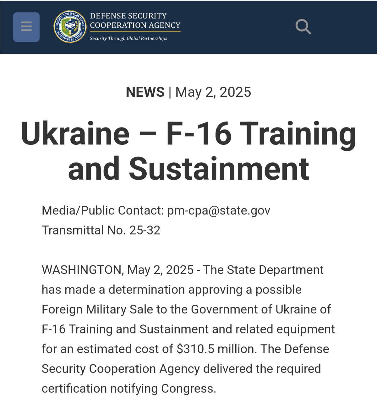 US approves $310.5M for F-16 training and support for Ukraine
